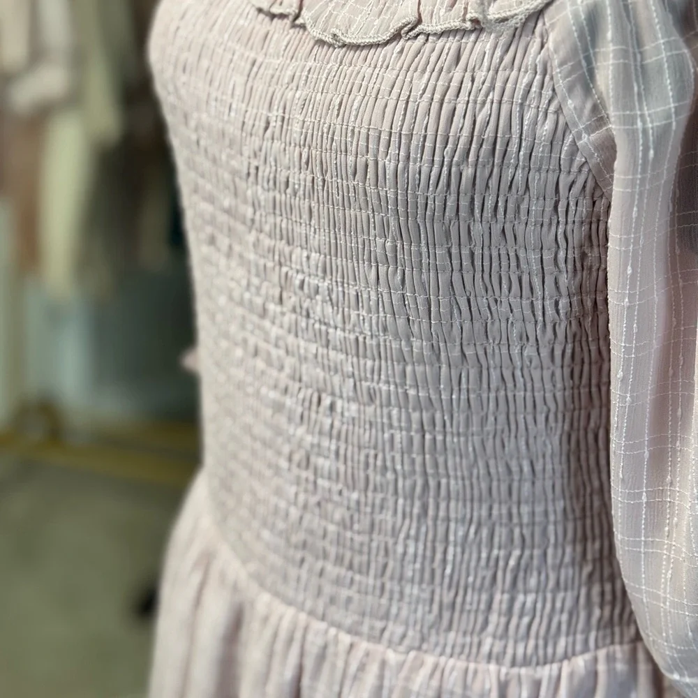 Blush Pink Smocked Maxi Dress Slit Sleeve | Cottagecore Spring Size M - Picture 7 of 7